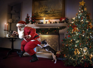 Картинка праздничные дед+мороз +санта+клаус елка камин санта свечи собака
