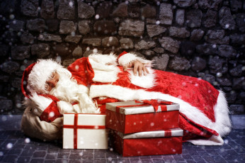 обоя праздничные, дед мороз,  санта клаус, спящий, санта, подарки, мешок