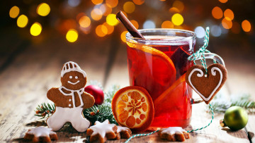 Картинка праздничные угощения напиток пряничный печенье корица человечек
