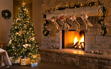 обоя праздничные, новогодний очаг, подарки, камин, елка