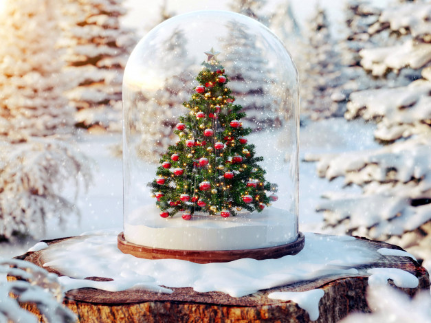 Обои картинки фото праздничные, Ёлки, пенек, снег, елка