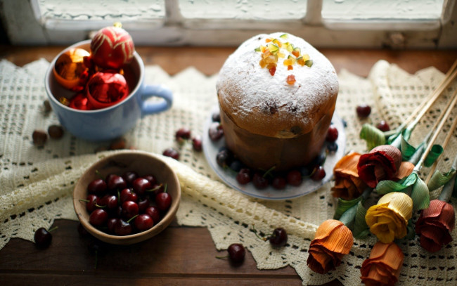 Обои картинки фото еда, пироги, искусственные, шарики, вишни, розы