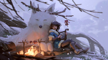 Картинка аниме животные +существа девушка волк