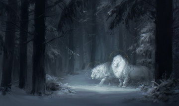 обоя рисованное, животные,  львы, лев, фон, лес, снег, нимб