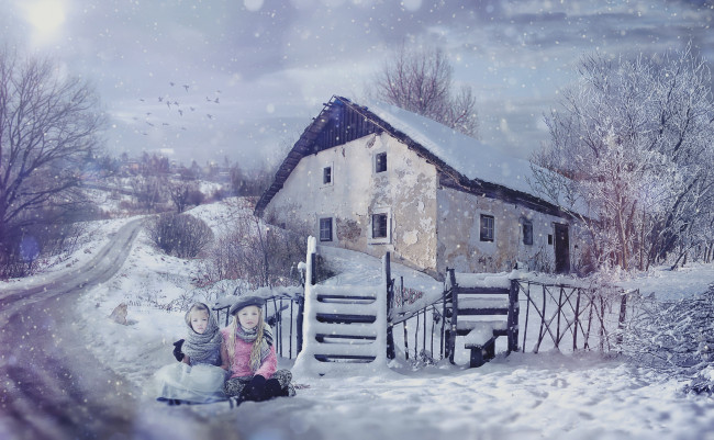 Обои картинки фото разное, компьютерный дизайн, дети, фон, снег, дом