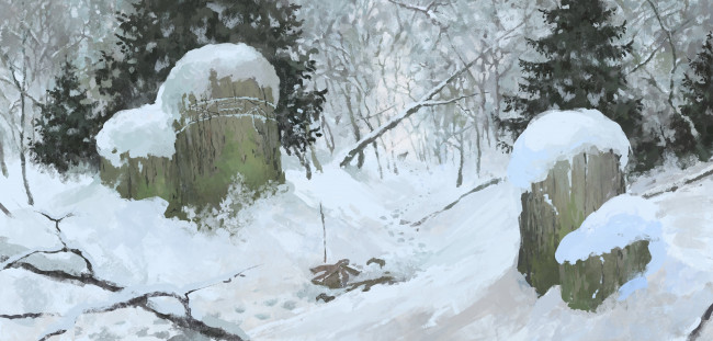 Обои картинки фото рисованное, природа, зима, снег, лес, столбы, руны