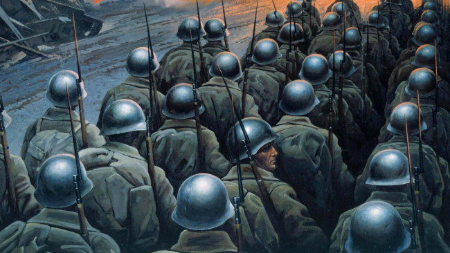 Обои картинки фото рисованное, армия, солдаты, отряд, каски, винтовки