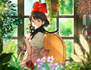 обоя аниме, kiki`s delivery service, девушка, кошка, окно, цветы