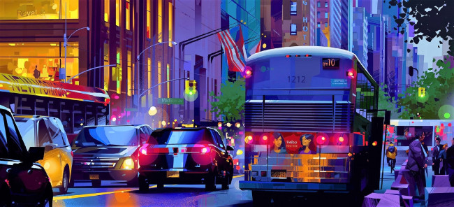 Обои картинки фото рисованное, города, город, улица, транспорт, машины