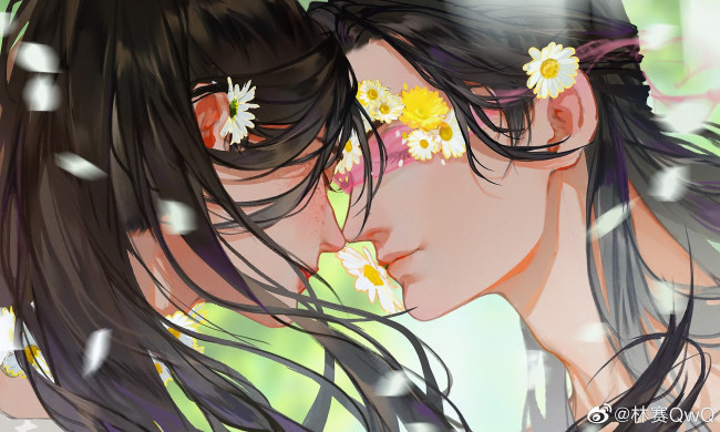 Обои картинки фото аниме, unknown,  другое , пара, лица, цветы, поцелуй