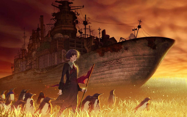 Обои картинки фото аниме, *unknown, другое, поле, пингвины, корабль, девочка