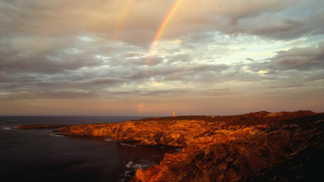 Обои картинки фото природа, радуга, берег, небо, тучи