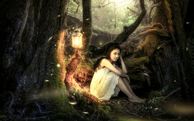Обои картинки фото -Unsort Азиатки, девушки, unsort, азиатки, фонарь, лес