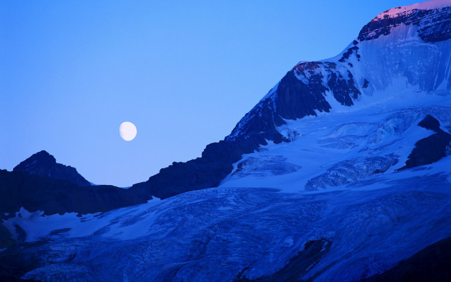 Обои картинки фото природа, горы, снег, вечер, луна