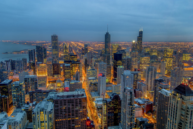 Обои картинки фото города, Чикаго, сша, ночь, огни, небоскреьы, панорама