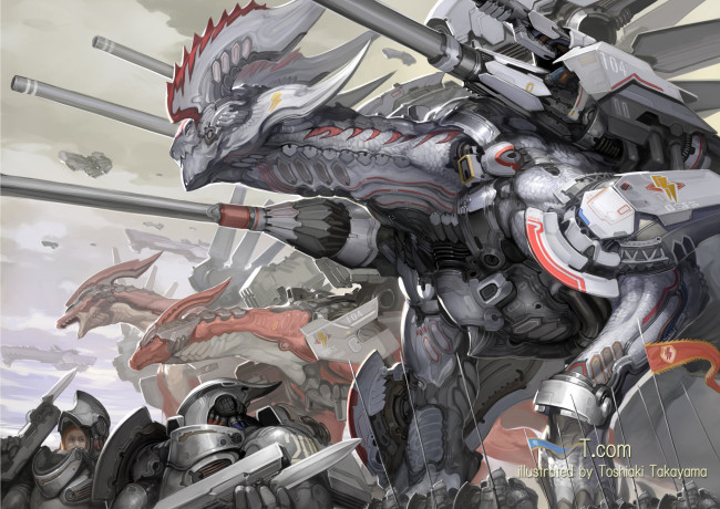 Обои картинки фото аниме, weapon, blood, technology, дракон, takayamatoshiaki, робот