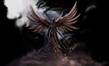 Картинка фэнтези нежить темный ангел крылья смерть коса черепа туман черный фон