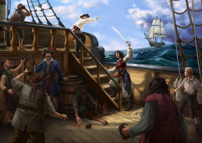 Обои картинки фото фэнтези, люди, корабль, море, пьянство, палуба, флибустьеры, пираты