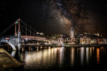 Картинка lyon +france города лион+ франция мост река ночь