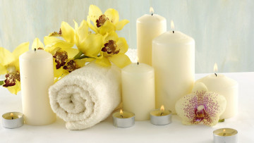 обоя разное, свечи, орхидеи, полотенце, спа