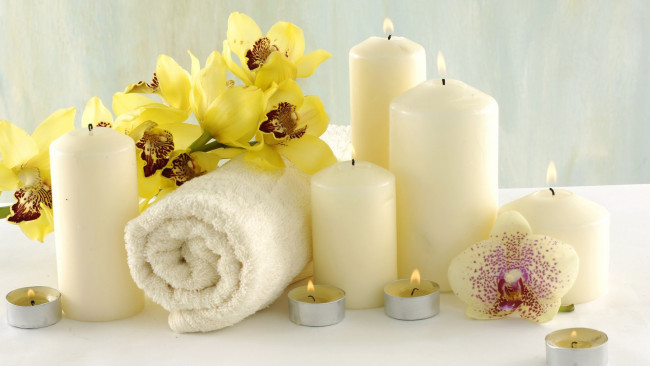 Обои картинки фото разное, свечи, орхидеи, полотенце, спа