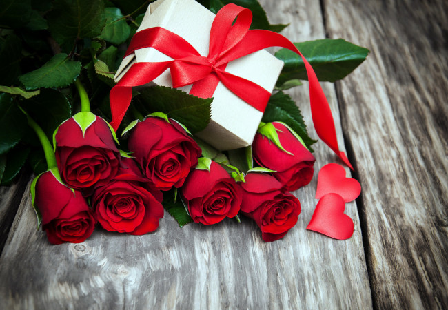 Обои картинки фото цветы, розы, лента, алый, подарок, сердечко