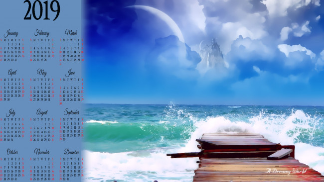 Обои картинки фото календари, компьютерный дизайн, пирс, планета, водоем