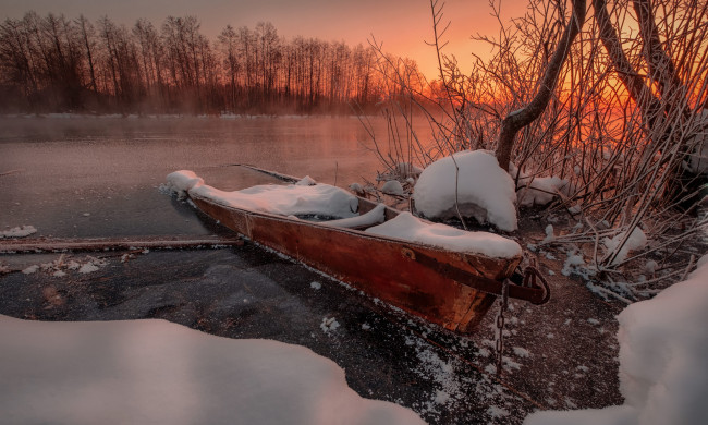 Обои картинки фото корабли, лодки,  шлюпки, река, снег, зима