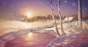 Картинка рисованное живопись снег дом береза заводь фон зима