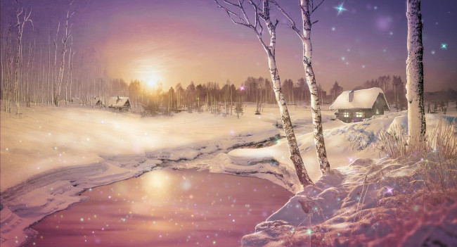 Обои картинки фото рисованное, живопись, снег, дом, береза, заводь, фон, зима