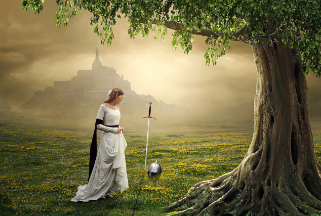 Обои картинки фото фэнтези, фотоарт, меч, шлем, замок, дерево, фон, девушка