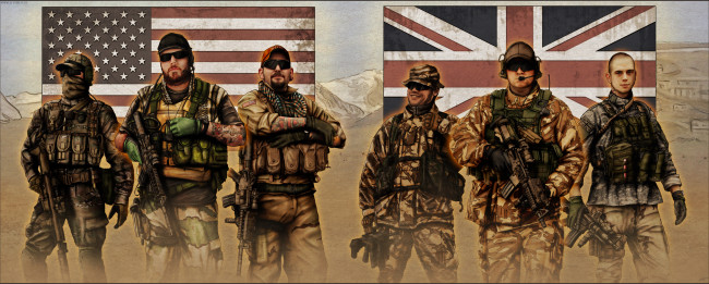 Обои картинки фото рисованное, армия, мужчины, фон, форма, оружие, флаг