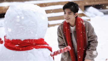 обоя мужчины, xiao zhan, актер, пальто, шарф, снег, снеговик