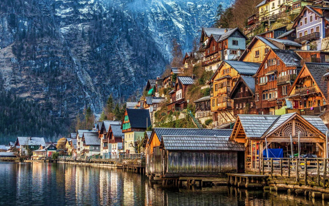 Обои картинки фото города, гальштат , австрия, горы, озеро, здания