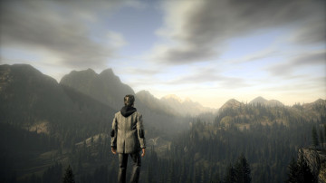 обоя видео игры, alan wake, мужчина, горы, панорама
