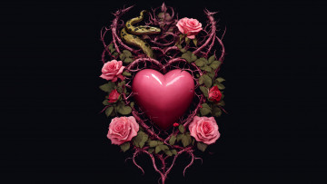 обоя праздничные, день святого валентина,  сердечки,  любовь, темный, фон, сердце, розы, змея, шипы, черный, день, святого, валентина, ии-арт, нейросеть