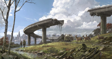 Картинка видео игры the last of us город руины животные мост элли джоэл