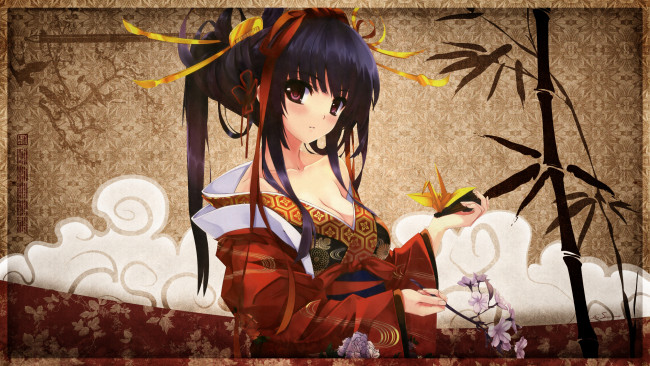 Обои картинки фото аниме, *unknown, другое, юката, девушка, бамбук, сакура, оригами