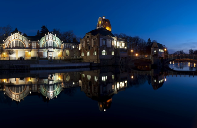 Обои картинки фото hradec, krаlovе, Чехия, города, огни, ночного, ночь, дома, река