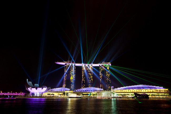 Обои картинки фото города, сингапур, ночь, огни, марина, бей