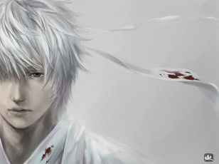 Картинка аниме -weapon +blood+&+technology грусть лицо парень лента белые волосы юката кровь белый фон
