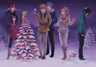 Картинка аниме bleach шарики звёзды гримджоу новый год снег зима снежки игрушка орихиме ичиго рукия ренджи ночь ёлка блич парни девушки