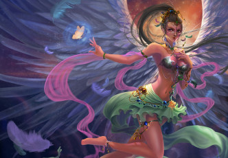 Картинка фэнтези ангелы angel ангел девушка ткани украшения закат перья бабочка крылья