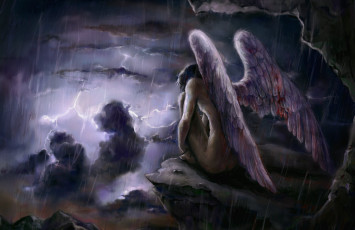 обоя фэнтези, ангелы, ливень, парень, крылья, падший, ангел, арт, молния, облака, небо, фантастика