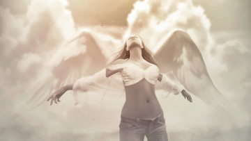 обоя фэнтези, ангелы, джинсы, ангел, облака, крылья, девушка