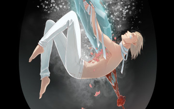 Картинка аниме -weapon +blood+&+technology кровь сердце лед пузырьки блондин улыбка бинты парень