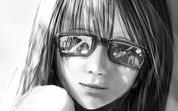 Картинка аниме *unknown+ другое лицо очки рисунок чёрно-белый девушка