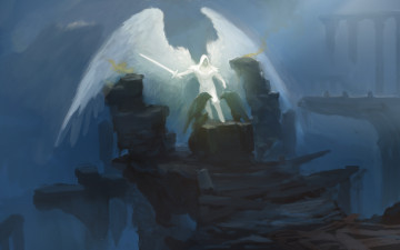 Картинка фэнтези ангелы крылья вороны оружие камни меч ангел капюшон фантастика арт