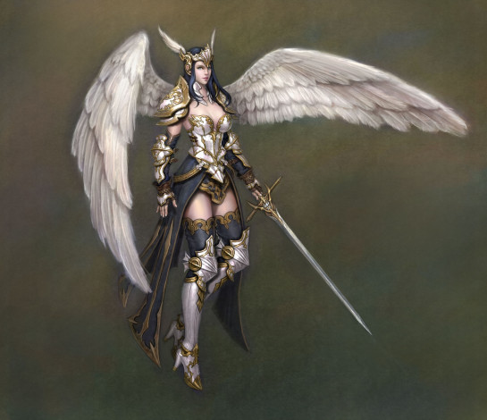 Обои картинки фото фэнтези, ангелы, девушка, доспех, фон, меч, крылья, ангел