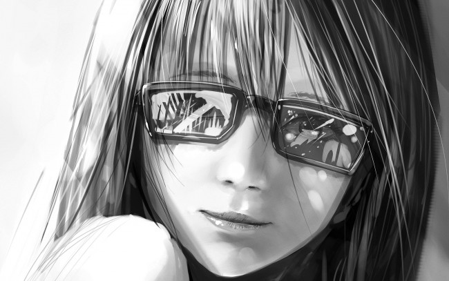 Обои картинки фото аниме, *unknown , другое, лицо, очки, рисунок, чёрно-белый, девушка